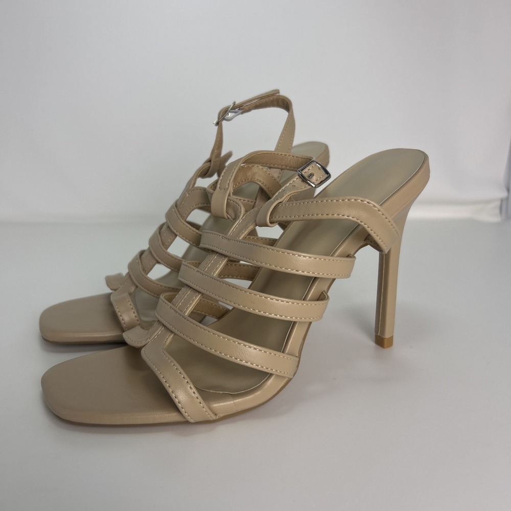 Aomigoct Strappy Caged Heels Beige‎ Stiletto Sandals Square Toe Size 39 US 8 NIB
